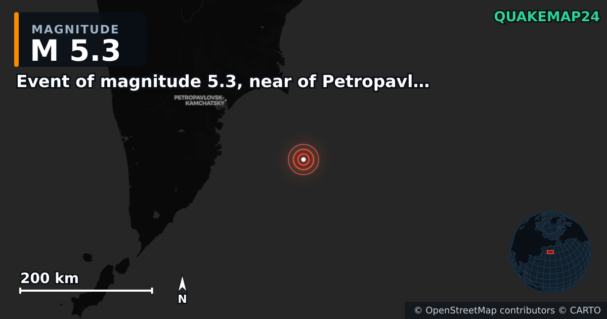 M5.3 earthquake near Event of magnitude 5.3, near of Petropavlovsk Kamchatskiy (Monde) on Aug 23, 2025 — map of epicenter and shaking intensity | QuakeMap24