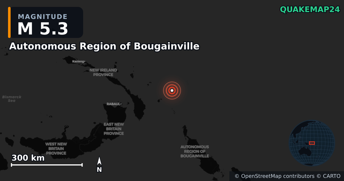 M5.3 earthquake near Autonomous Region of Bougainville on Oct 14, 2025 — map of epicenter and shaking intensity | QuakeMap24
