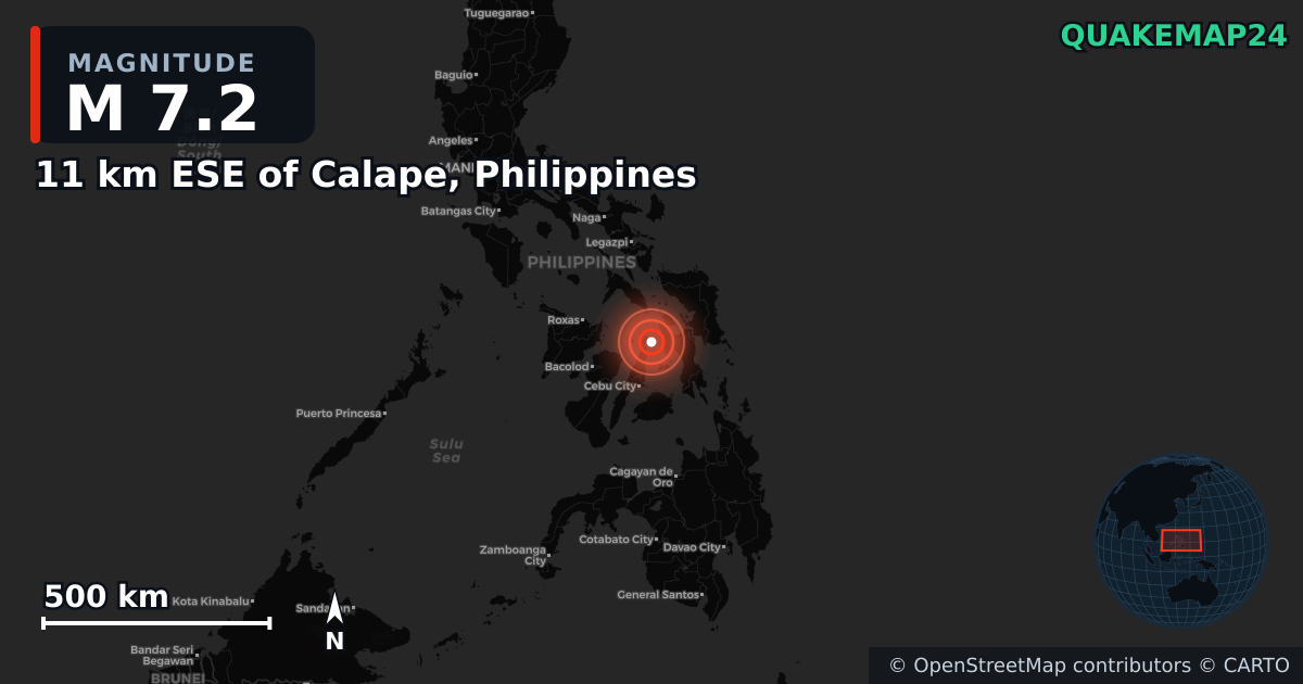 M7.2 earthquake near 11 km ESE of Calape, Philippines on Sep 30, 2025 — map of epicenter and shaking intensity | QuakeMap24