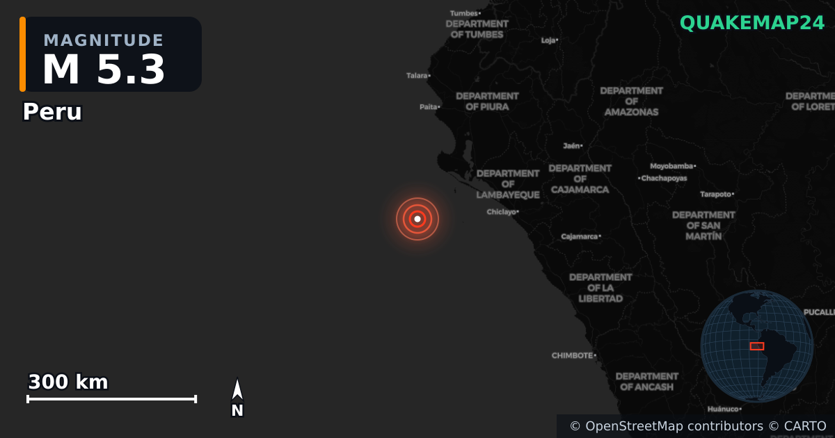 M5.3 earthquake near Peru on Jun 21, 2026 — map of epicenter and shaking intensity | QuakeMap24