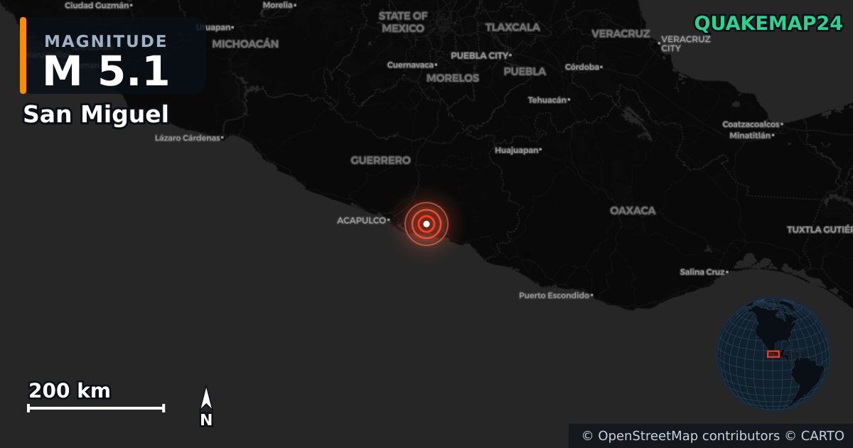 M5.1 earthquake near San Miguel on Jan 16, 2026 — map of epicenter and shaking intensity | QuakeMap24