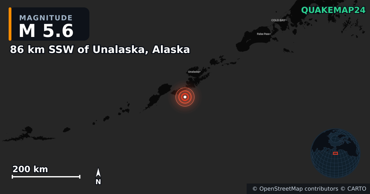 M5.6 earthquake near 86 km SSW of Unalaska, Alaska on Jan 26, 2025 — map of epicenter and shaking intensity | QuakeMap24