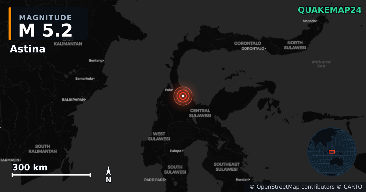 M5.2 earthquake near Astina on Jun 16, 2026 — map of epicenter and shaking intensity | QuakeMap24