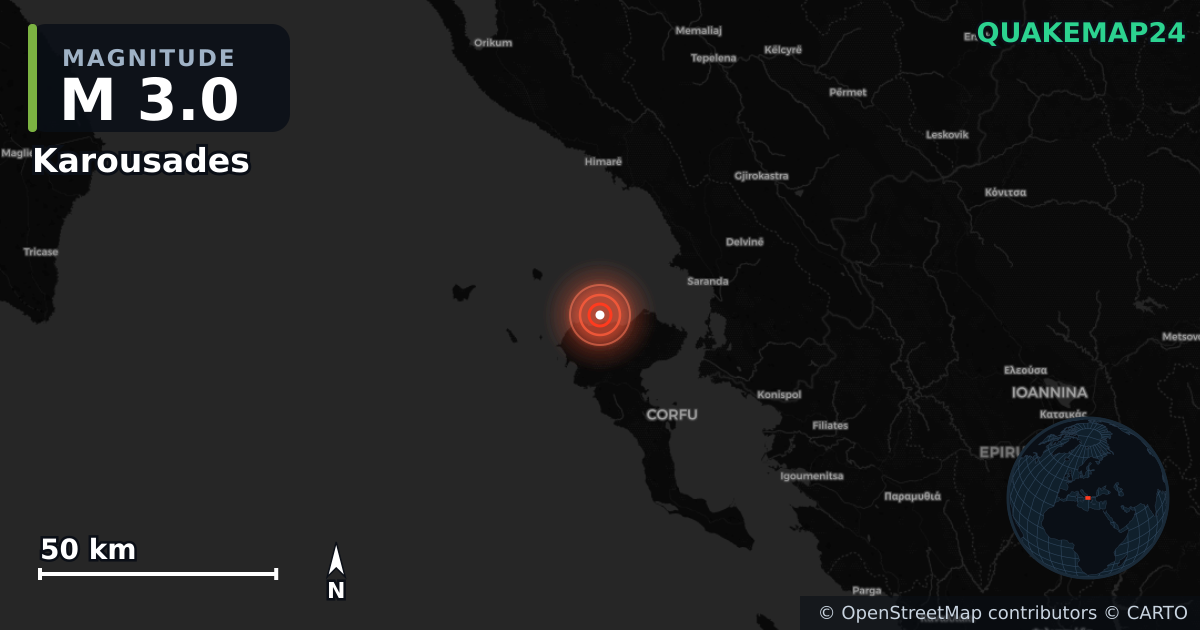 M3.0 earthquake near Karousades on Apr 19, 2026 — map of epicenter and shaking intensity | QuakeMap24