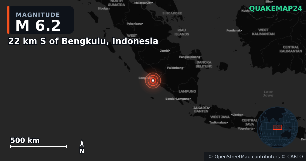 M6.2 earthquake near 22 km S of Bengkulu, Indonesia on May 22, 2025 — map of epicenter and shaking intensity | QuakeMap24
