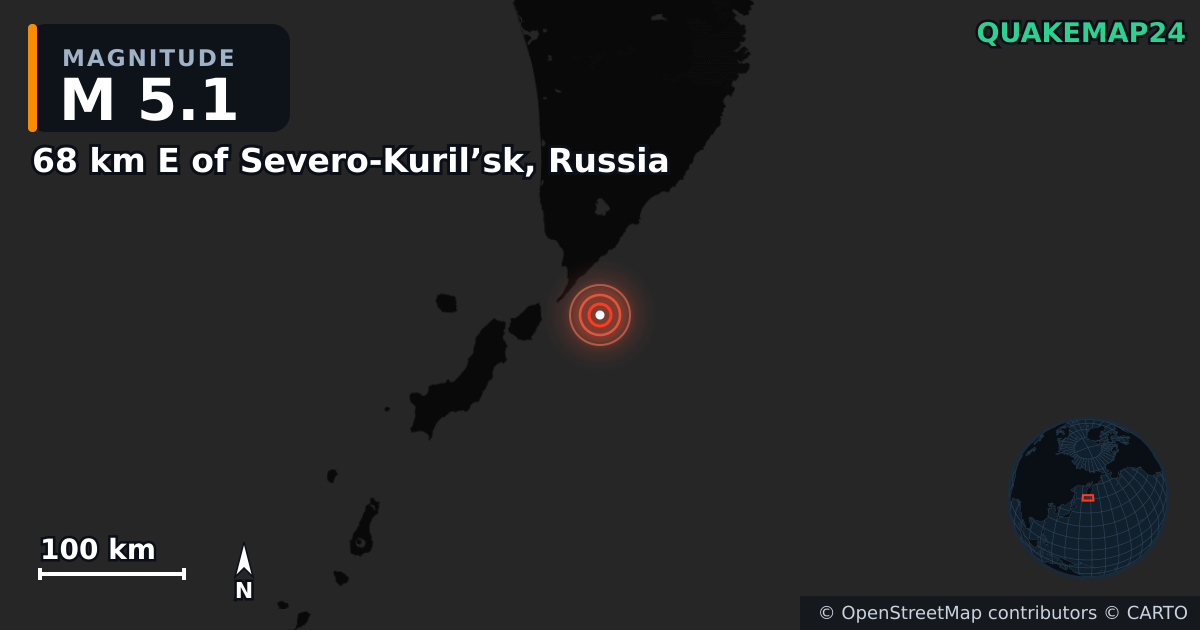 M5.1 earthquake near 68 km E of Severo-Kuril’sk, Russia on Jan 14, 2026 — map of epicenter and shaking intensity | QuakeMap24