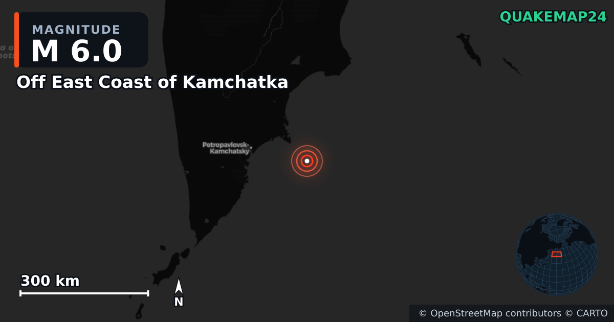 M6.0 earthquake near Off East Coast of Kamchatka on Sep 15, 2025 — map of epicenter and shaking intensity | QuakeMap24