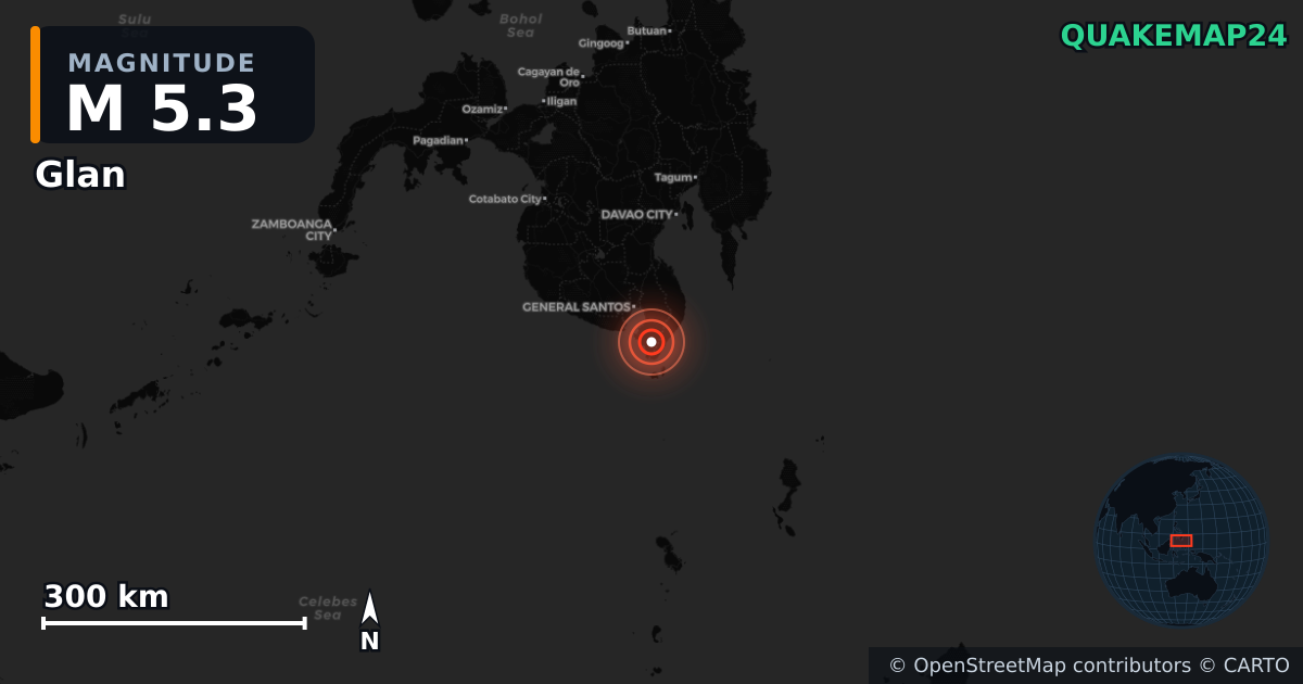M5.3 earthquake near Glan on Jul 17, 2026 — map of epicenter and shaking intensity | QuakeMap24
