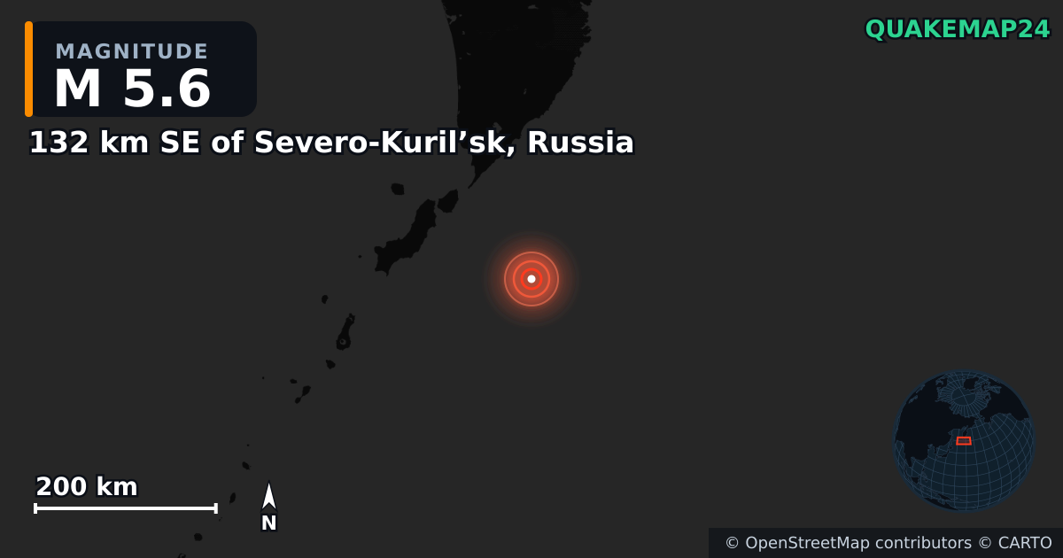 M5.6 earthquake near 132 km SE of Severo-Kuril’sk, Russia on Jul 30, 2025 — map of epicenter and shaking intensity | QuakeMap24