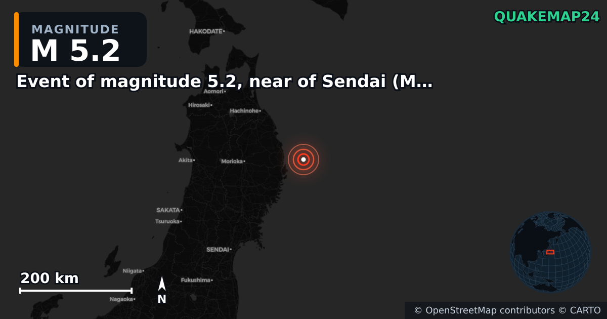 M5.2 earthquake near Event of magnitude 5.2, near of Sendai (Monde) on Nov 8, 2025 — map of epicenter and shaking intensity | QuakeMap24