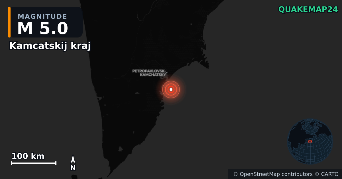 M5.0 earthquake near Kamcatskij kraj on Nov 4, 2025 — map of epicenter and shaking intensity | QuakeMap24