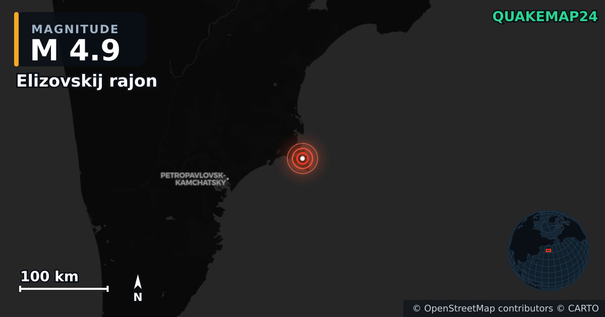 M4.9 earthquake near Elizovskij rajon on Jan 31, 2026 — map of epicenter and shaking intensity | QuakeMap24