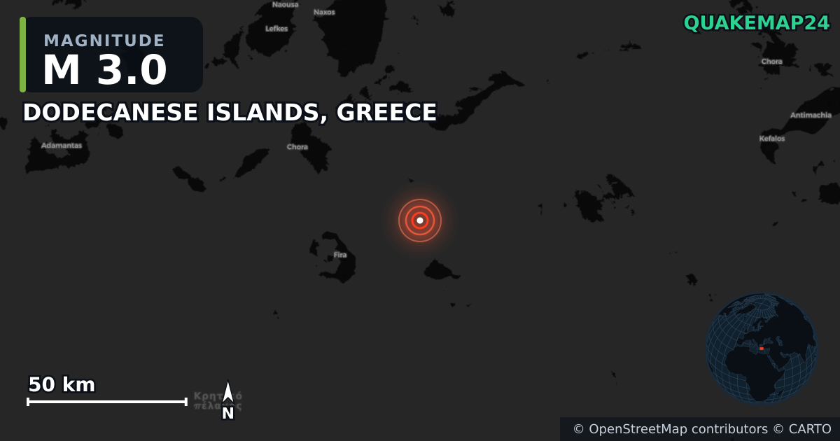 M3.0 earthquake near DODECANESE ISLANDS, GREECE on Jul 5, 2025 — map of epicenter and shaking intensity | QuakeMap24