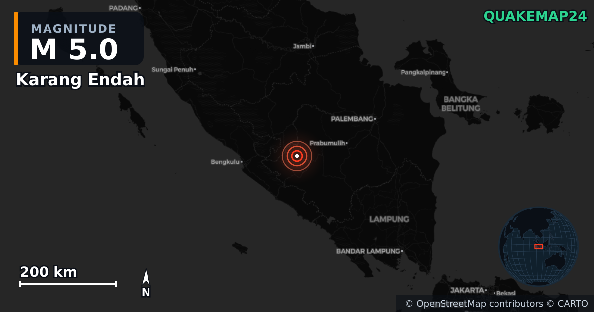 Erdbeben M5,0 bei Karang Endah, Sumatera Selatan (Indonesien) — Karte der Lage des Epizentrums