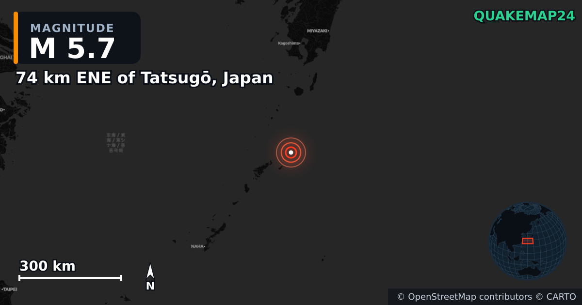 M5.7 earthquake near 74 km ENE of Tatsugō, Japan on Mar 8, 2025 — map of epicenter and shaking intensity | QuakeMap24