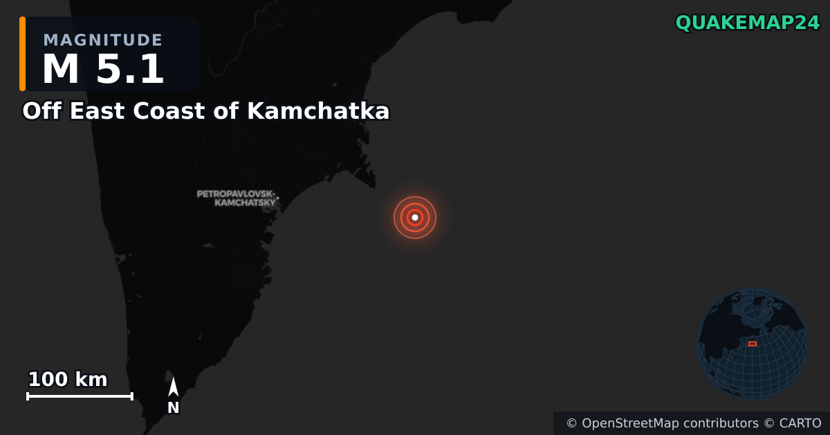 M5.1 earthquake near Off East Coast of Kamchatka on Sep 19, 2025 — map of epicenter and shaking intensity | QuakeMap24