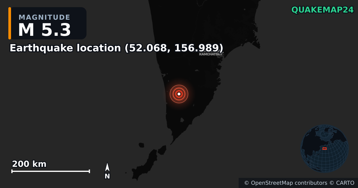 M5.3 earthquake near Deprem konumu (52.068, 156.989) on Aug 23, 2025 — map of epicenter and shaking intensity | QuakeMap24