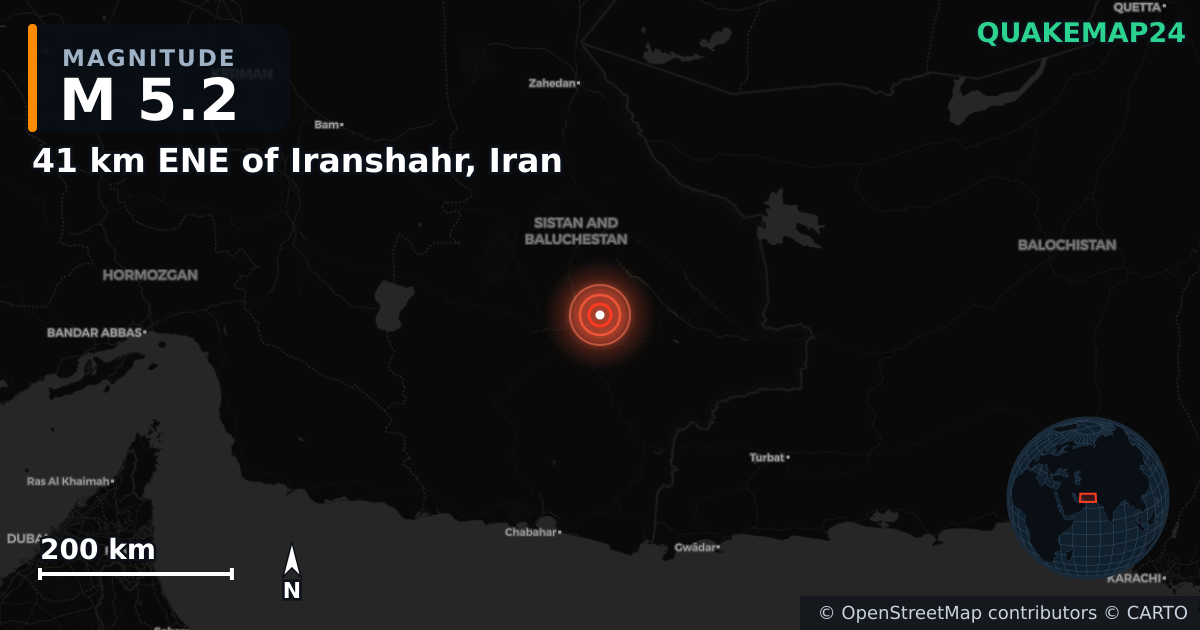 M5.2 earthquake near 41 km ENE of Iranshahr, Iran on Mar 3, 2025 — map of epicenter and shaking intensity | QuakeMap24