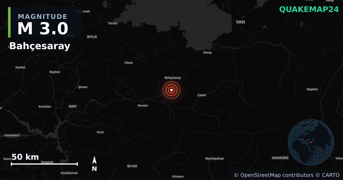 M3.0 earthquake near Bahçesaray on Aug 4, 2025 — map of epicenter and shaking intensity | QuakeMap24