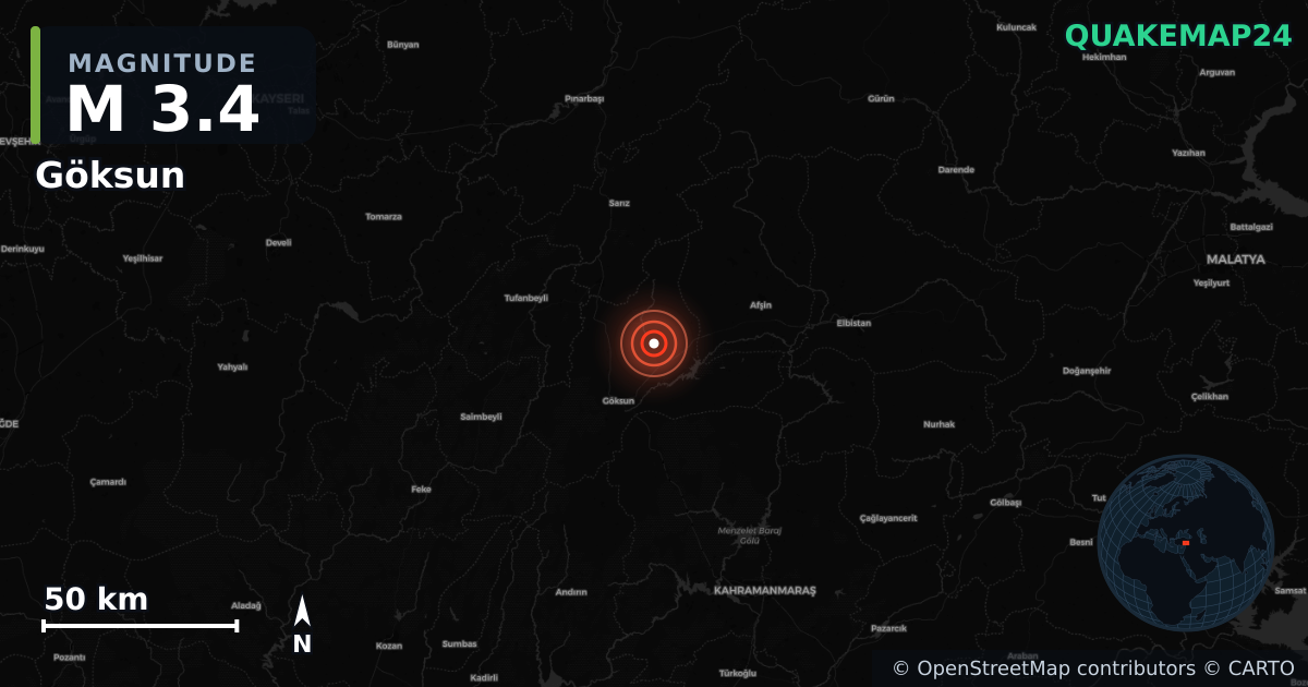 M3.4 earthquake near Göksun on Jul 5, 2026 — map of epicenter and shaking intensity | QuakeMap24