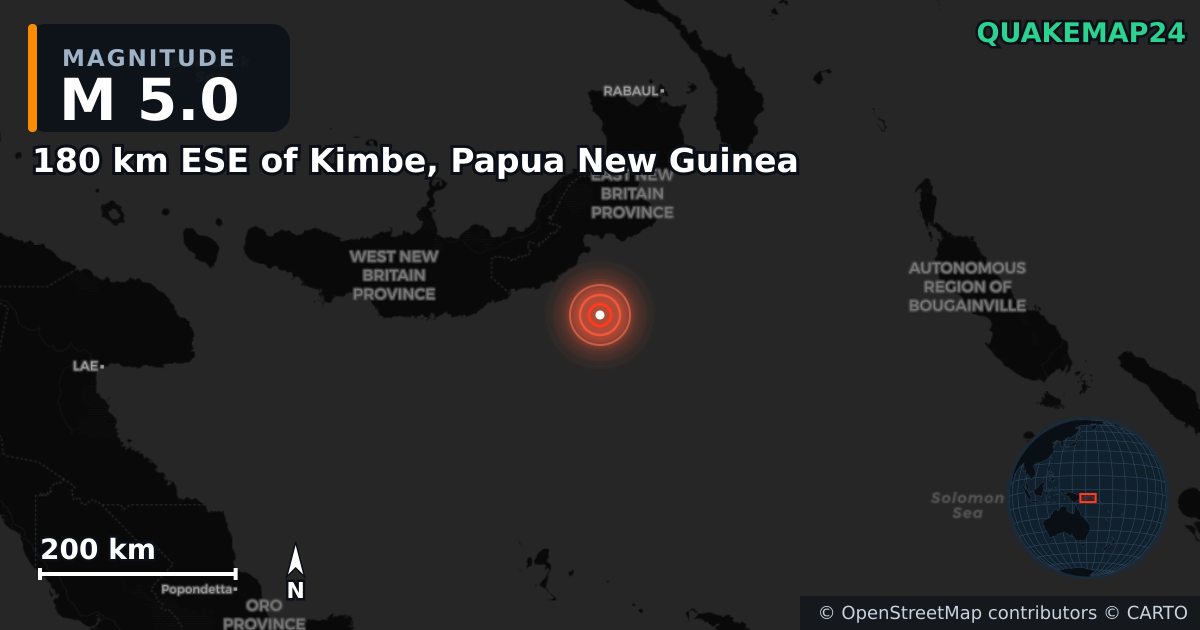 M5.0 earthquake near 180 km ESE of Kimbe, Papua New Guinea on Apr 5, 2025 — map of epicenter and shaking intensity | QuakeMap24