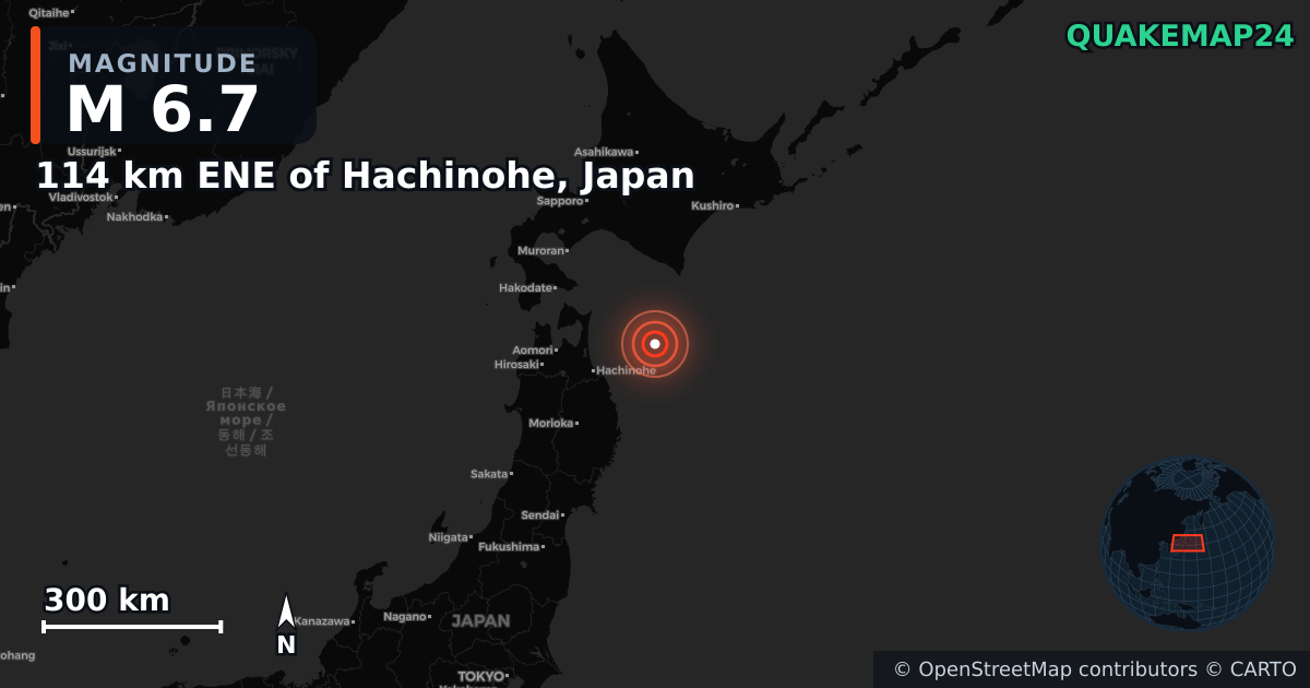 M6.7 earthquake near 114 km ENE of Hachinohe, Japan on Dec 12, 2025 — map of epicenter and shaking intensity | QuakeMap24