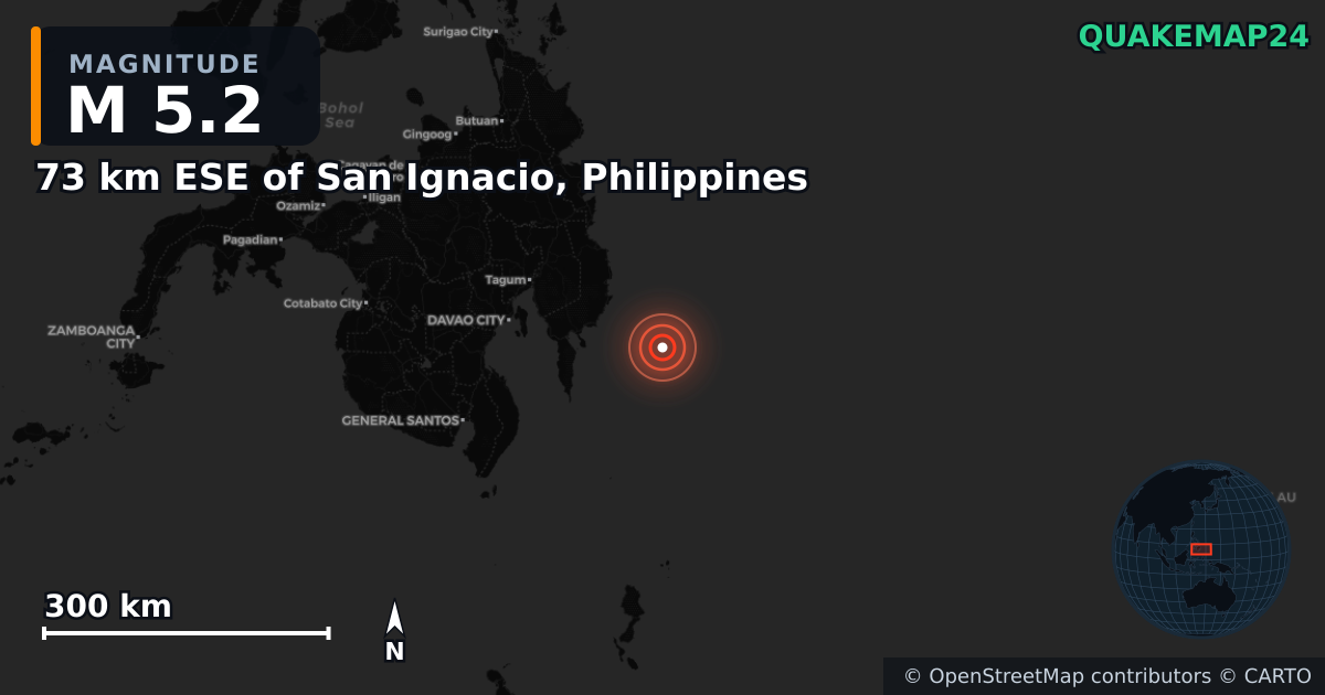 M5.2 earthquake near 73 km ESE of San Ignacio, Philippines on Oct 10, 2025 — map of epicenter and shaking intensity | QuakeMap24
