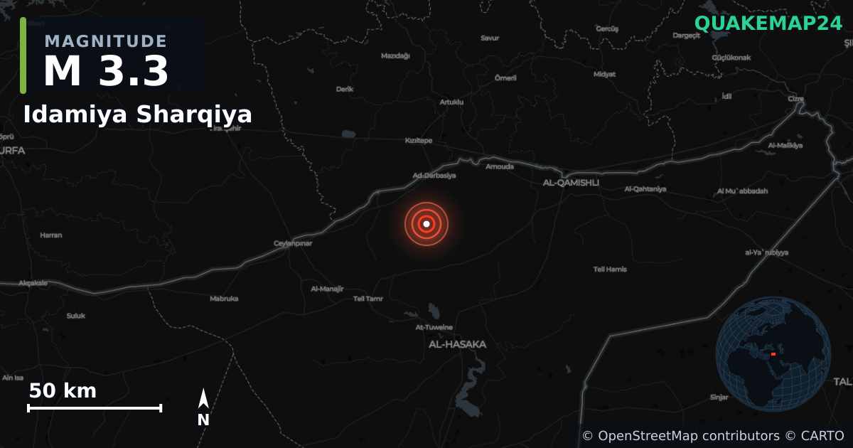 Erdbeben M3,3 bei Idamiya Sharqiya, Al-Hasaka Governorate (Syrien) · 2026-10-15 — Karte der Lage des Epizentrums