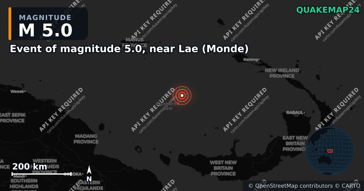 M5.0 earthquake near Event of magnitude 5.0, near Lae (Monde) on Apr 30, 2026 — map of epicenter and shaking intensity | QuakeMap24