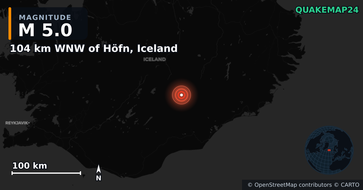 M5.0 earthquake near 104 km WNW of Höfn, Iceland on Jul 27, 2025 — map of epicenter and shaking intensity | QuakeMap24
