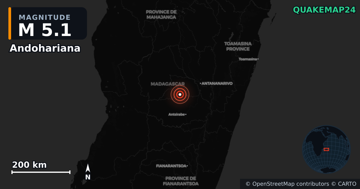 M5.1 earthquake near Andohariana on Jan 24, 2026 — map of epicenter and shaking intensity | QuakeMap24