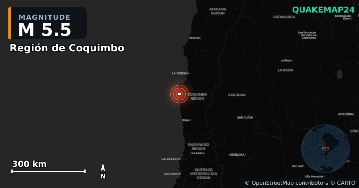 M5.5 earthquake near Región de Coquimbo on Oct 2, 2025 — map of epicenter and shaking intensity | QuakeMap24