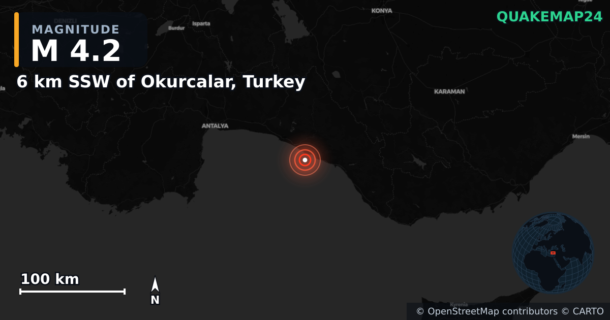 M4.2 earthquake near 6 km SSW of Okurcalar, Turkey on Jun 1, 2025 — map of epicenter and shaking intensity | QuakeMap24