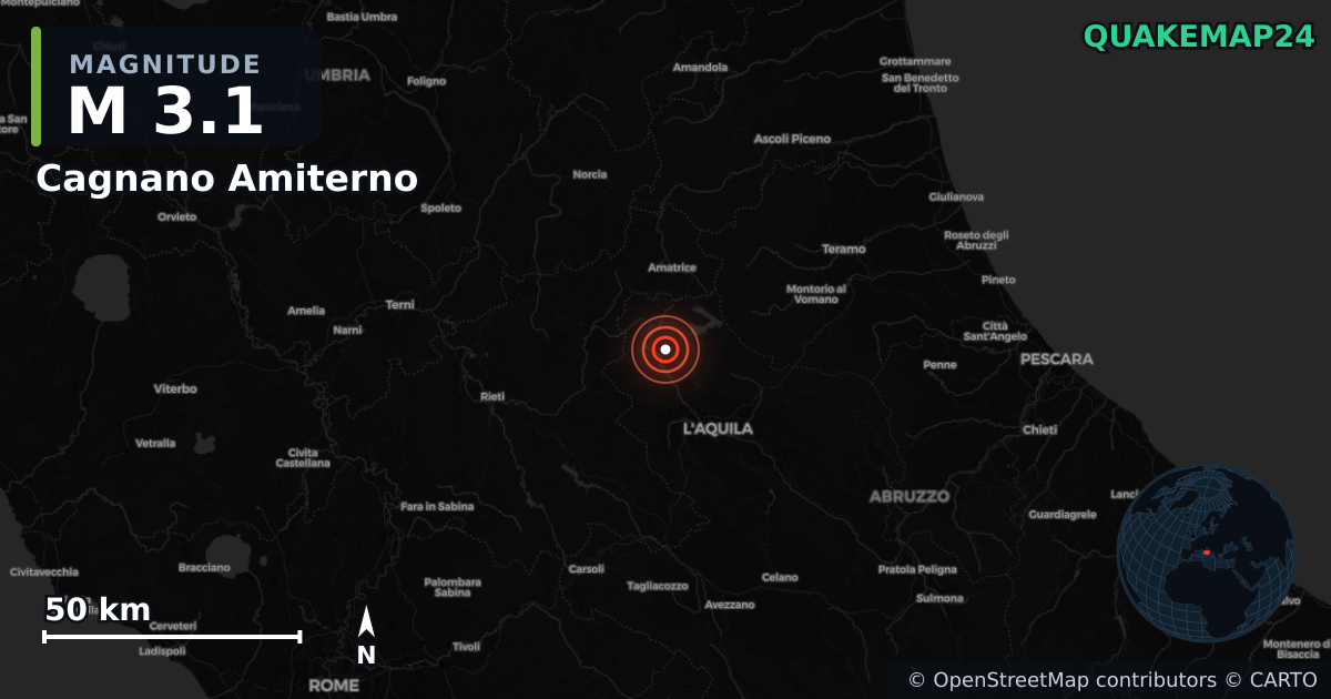 M3.1 Earthquake near Cagnano Amiterno, Abruzzo (Italy) · 2026-06-16 — Map showing the location of the epicenter
