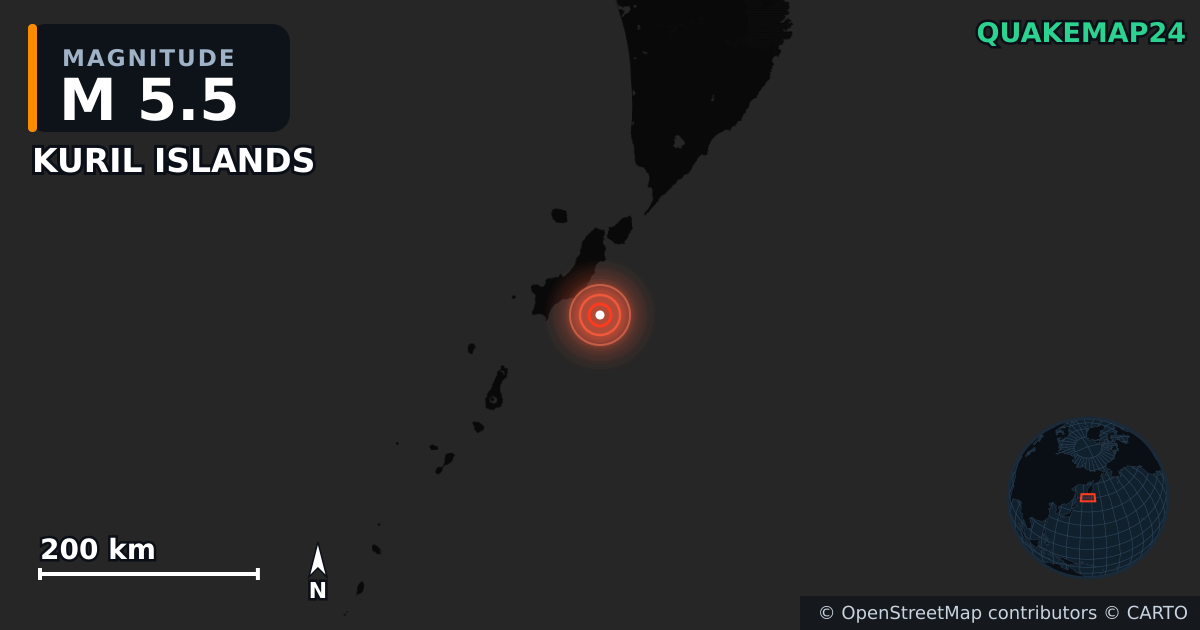 M5.5 earthquake near KURIL ISLANDS on Oct 25, 2025 — map of epicenter and shaking intensity | QuakeMap24