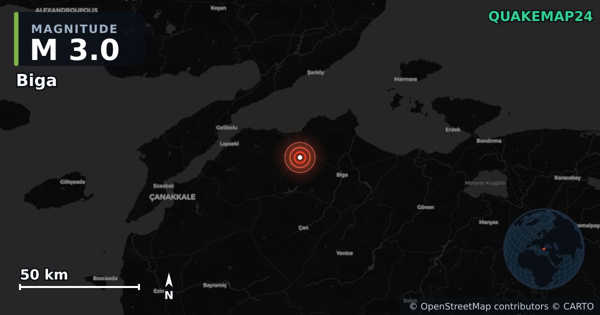WESTERN TURKEY (Türkiye) yakınında M3,0 deprem · 2025-12-15 — Deprem merkez üssünün konumunu gösteren harita