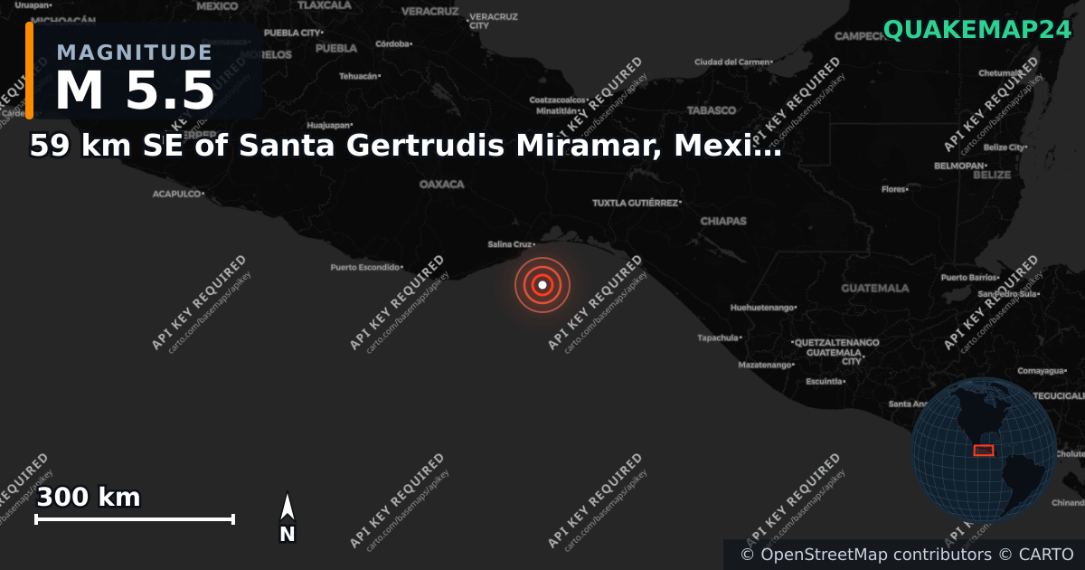M5.5 earthquake near 59 km SE of Santa Gertrudis Miramar, Mexico on Mar 5, 2025 — map of epicenter and shaking intensity | QuakeMap24