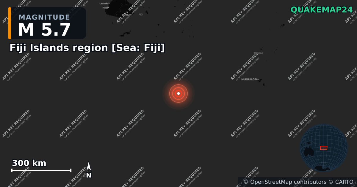 M5.7 earthquake near Fiji Islands region [Sea: Fiji] on Apr 1, 2026 — map of epicenter and shaking intensity | QuakeMap24