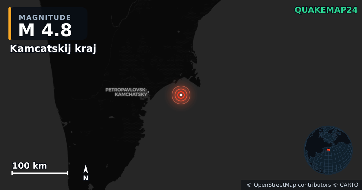 M4.8 earthquake near Kamcatskij kraj on Dec 4, 2025 — map of epicenter and shaking intensity | QuakeMap24