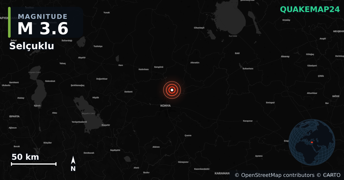 M3.6 earthquake near Selçuklu on May 10, 2025 — map of epicenter and shaking intensity | QuakeMap24