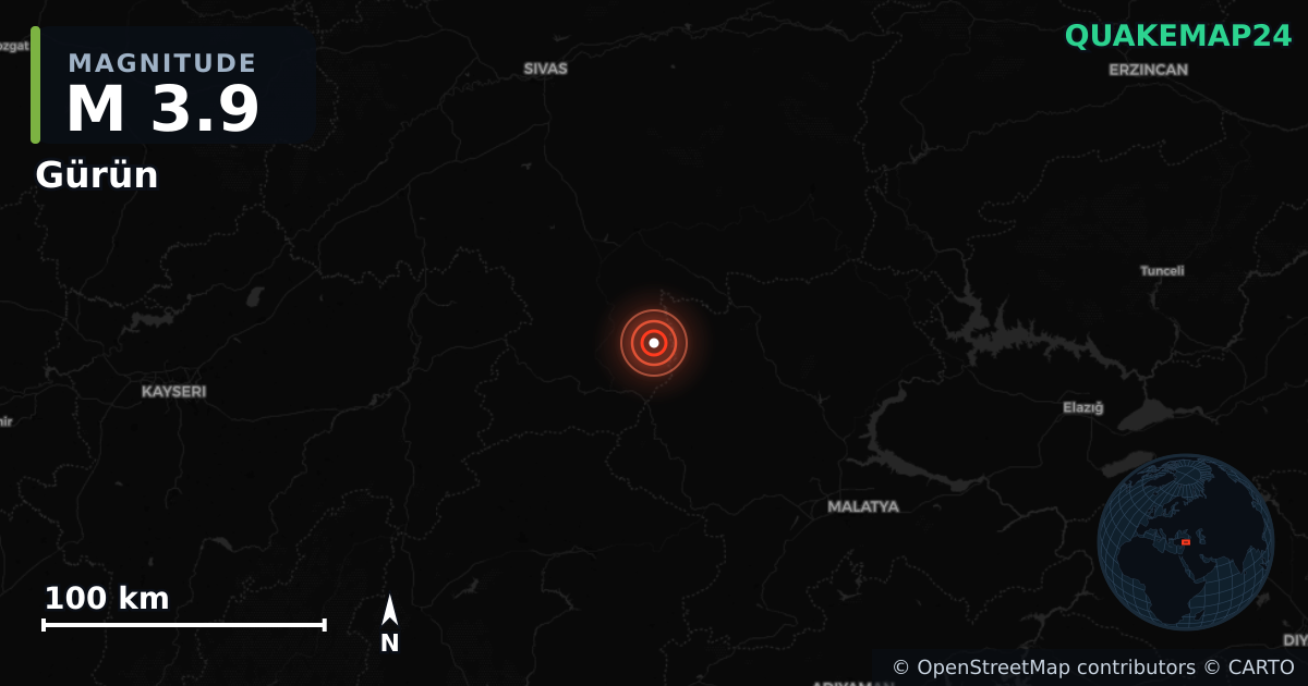 M3.9 earthquake near Gürün on Jun 13, 2025 — map of epicenter and shaking intensity | QuakeMap24