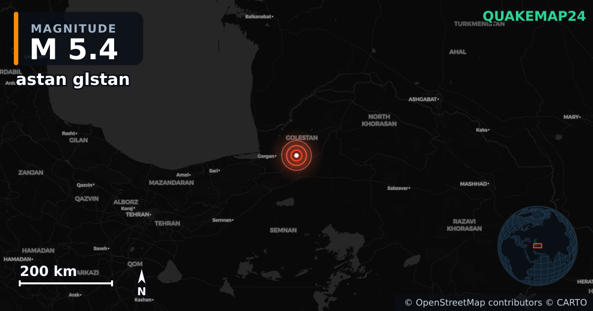 M5.4 earthquake near astan glstan on Jul 19, 2025 — map of epicenter and shaking intensity | QuakeMap24