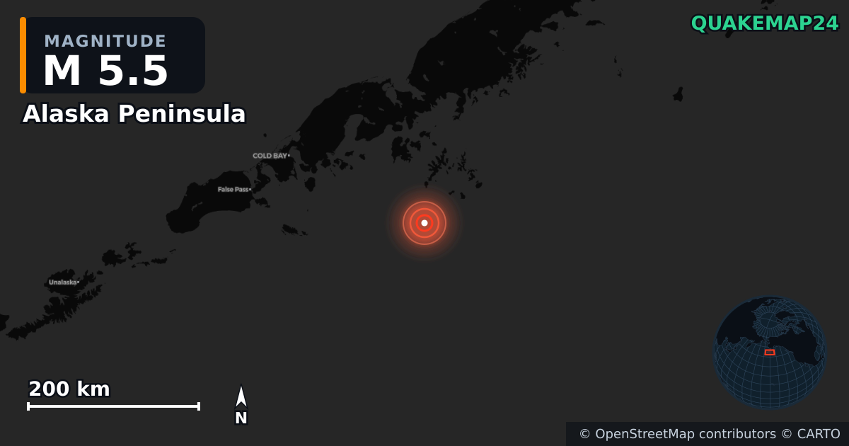 M5.5 earthquake near Alaska Peninsula on Jul 17, 2025 — map of epicenter and shaking intensity | QuakeMap24