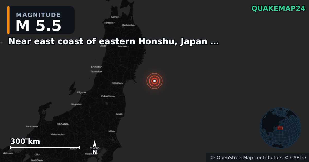 M5.5 earthquake near Near east coast of eastern Honshu, Japan [Sea: Japan] on Aug 29, 2025 — map of epicenter and shaking intensity | QuakeMap24