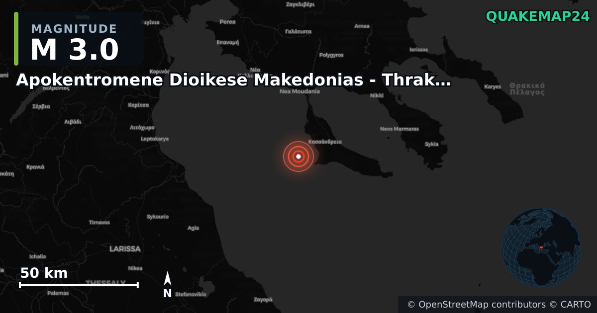 M3.0 earthquake near Apokentromene Dioikese Makedonias - Thrakes on Jun 22, 2025 — map of epicenter and shaking intensity | QuakeMap24