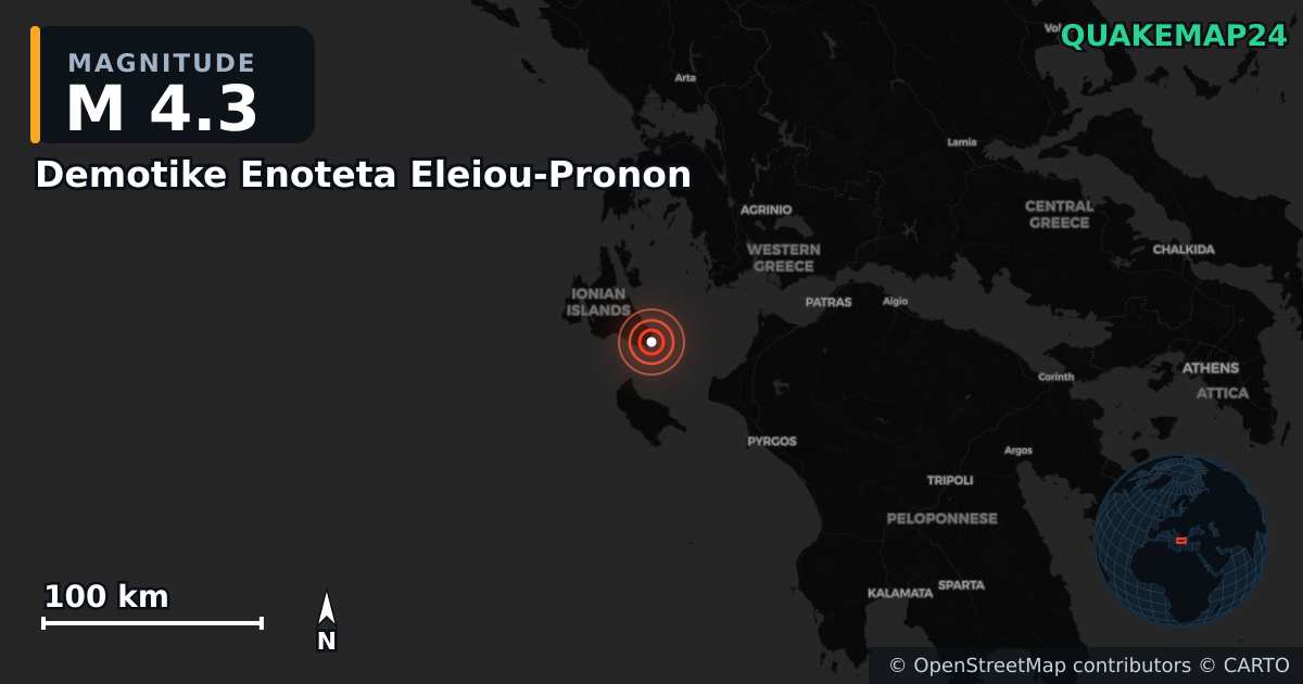 M4.3 earthquake near Demotike Enoteta Eleiou-Pronon on Mar 29, 2026 — map of epicenter and shaking intensity | QuakeMap24
