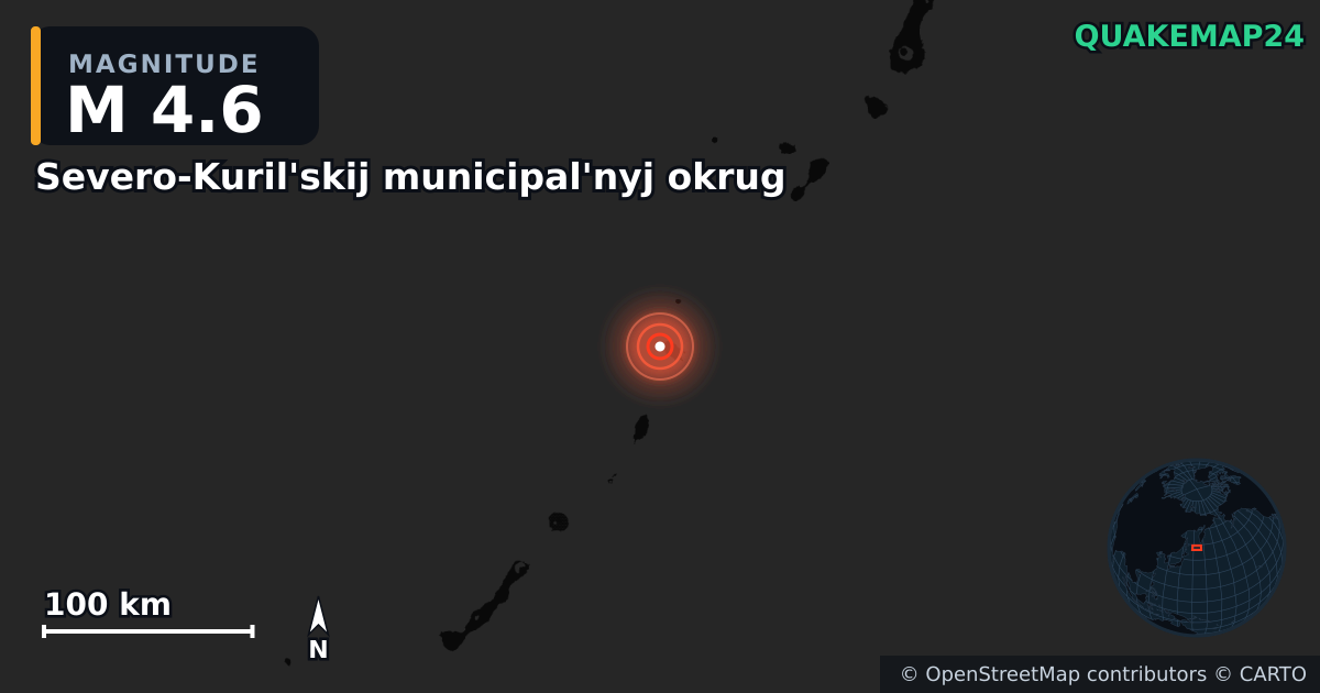 M4.6 earthquake near Severo-Kuril'skij municipal'nyj okrug on Apr 12, 2026 — map of epicenter and shaking intensity | QuakeMap24
