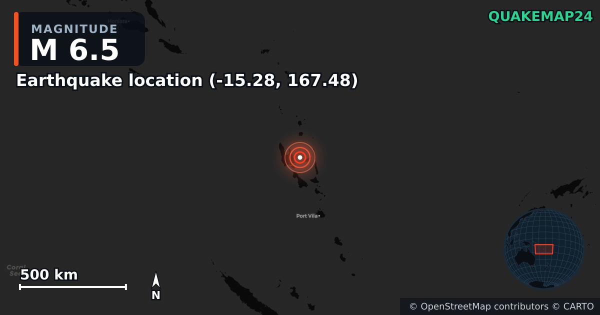 M6.5 earthquake near Deprem konumu (-15.28, 167.48) on Mar 30, 2026 — map of epicenter and shaking intensity | QuakeMap24