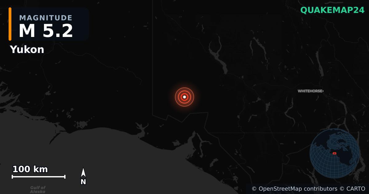 M5.2 earthquake near Yukon on Dec 7, 2025 — map of epicenter and shaking intensity | QuakeMap24