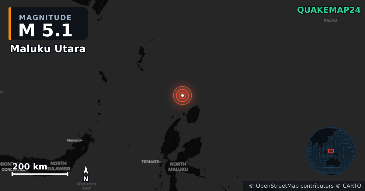 Sismo de M5,1 perto de Maluku Utara (Indonésia) — Mapa da localização do epicentro